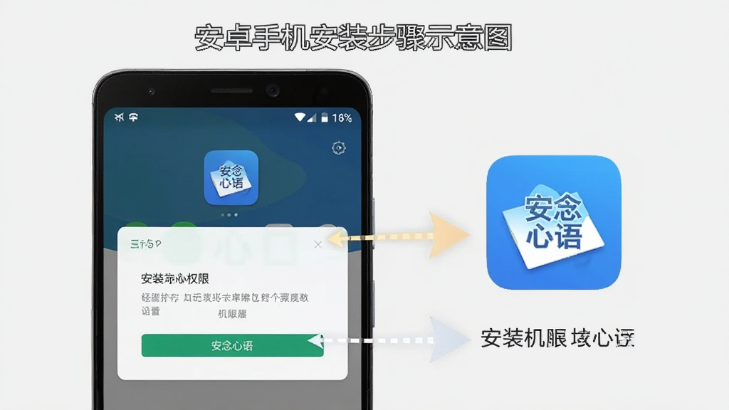 安念心语安卓手机安装步骤示意图,画面中一部安卓手机屏幕显示安装权限设置界面和安念心语应用图标,旁边有箭头指示操作步骤,背景为简洁的浅灰色,风格清晰直观,细节明确,画质干净,无多余元素