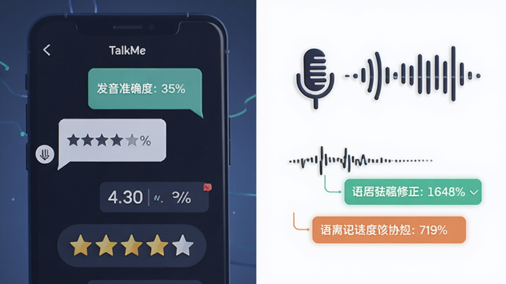 一张展示AI语音识别与反馈流程的示意图,画面主体是手机屏幕中显示对话气泡和评分星级,旁边有麦克风图标和声波线条,布局为左右分栏,风格为扁平化科技感,细节包括发音准确度百分比和语法修正标注,画质清晰干净,画面中带有