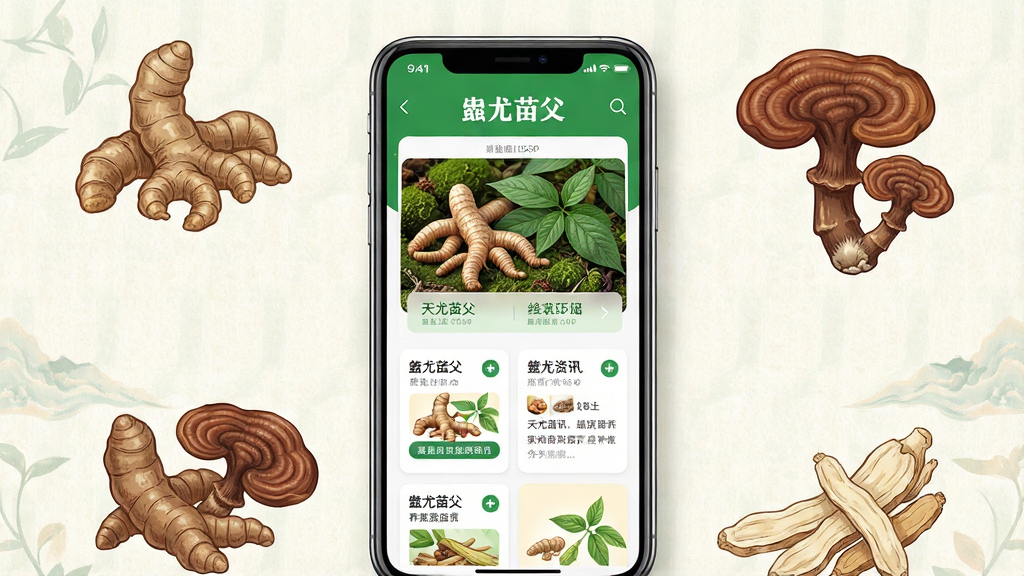 画面中央是一部智能手机,手机屏幕上显示着“蚩尤苗父”APP的主界面,界面以绿色和白色为主色调,展示着天麻等草本植物的图片和养生资讯卡片,手机周围环绕着天麻、灵芝等中药材的插画元素,背景是淡雅的浅色纹理,整体风格清新自然,排版简洁大方,画质高清,干净无多余元素。