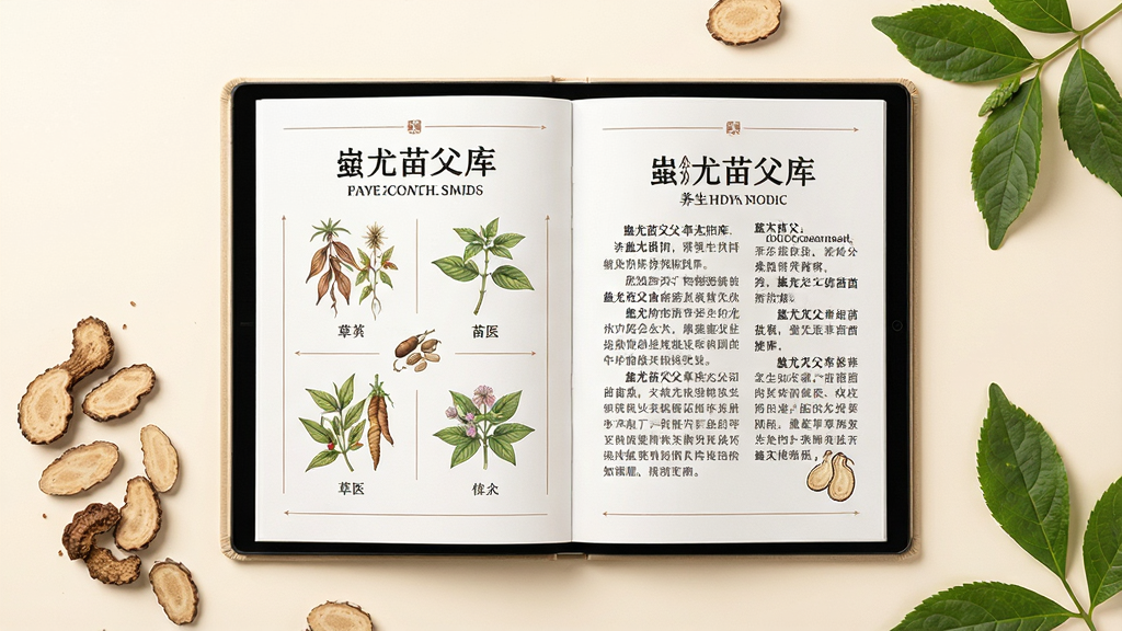 画面中央是一本展开的电子书,书页上显示着“蚩尤苗父”养生知识库的图文内容,左侧页面是苗医草药插图,右侧页面是文字说明,书本周围散落着几片天麻切片和绿叶,背景是柔和的米白色,整体风格温润雅致,排版清晰,画质高清,干净无多余元素。