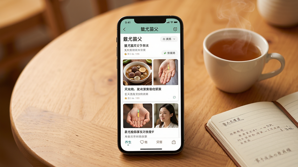 画面中央是一部手机,屏幕显示“蚩尤苗父”APP的资讯推送页面,页面上排列着多张养生文章卡片,卡片上有天麻炖汤、穴位按摩等配图,手机旁边有一杯热茶和一本笔记本,背景是温暖的木质桌面,整体风格温馨舒适,排版整齐,画质高清,干净无多余元素。