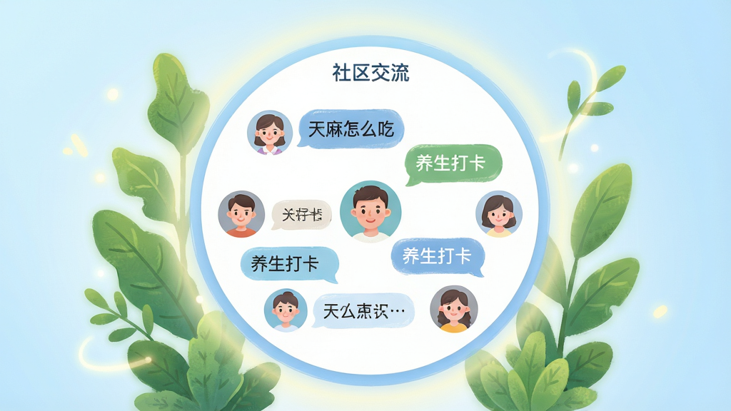 画面中央是一个圆形社区交流界面,界面中显示着多位用户的头像和养生话题讨论气泡,气泡中包含“天麻怎么吃”“养生打卡”等文字,界面周围环绕着绿色植物叶片和柔和的光晕,背景是淡蓝色渐变,整体风格亲切友好,排版活泼,画质高清,干净无多余元素。