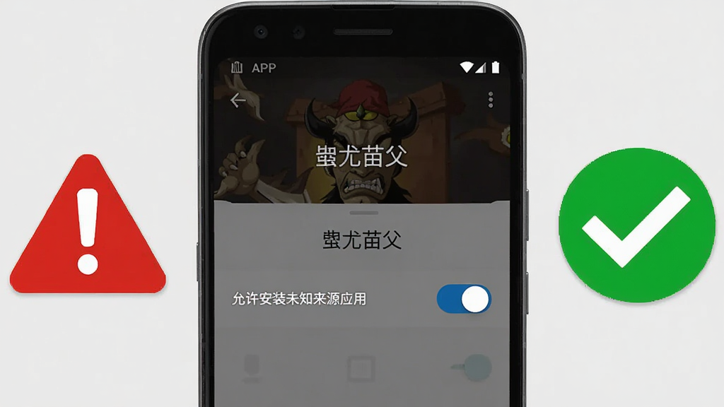 画面中央是一部安卓手机,手机屏幕显示“蚩尤苗父”APP的安装权限设置界面,界面中有“允许安装未知来源应用”的开关按钮,手机旁边有一个红色的警示图标和一个绿色的对勾图标,背景是简洁的浅灰色,整体风格清晰明了,排版直观,画质高清,干净无多余元素。
