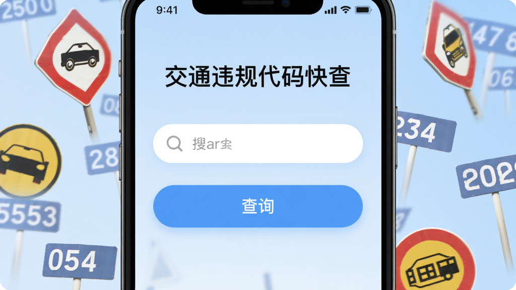 一款名为交通违规代码快查的手机应用主界面展示,画面中央是简洁的搜索框和查询按钮,背景为浅蓝色渐变,周围环绕交通标志和数字代码元素,整体布局清晰,采用扁平化UI设计风格,细节精致,画质清晰干净,无多余元素。