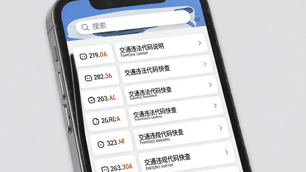 交通违规代码快查应用内展示庞大的数据列表页面,屏幕中显示多条交通违法代码及对应说明文字,背景为白色卡片式布局,顶部有搜索栏,整体风格简约商务,细节清晰,画质干净,画面中带有交通违规代码快查字样。