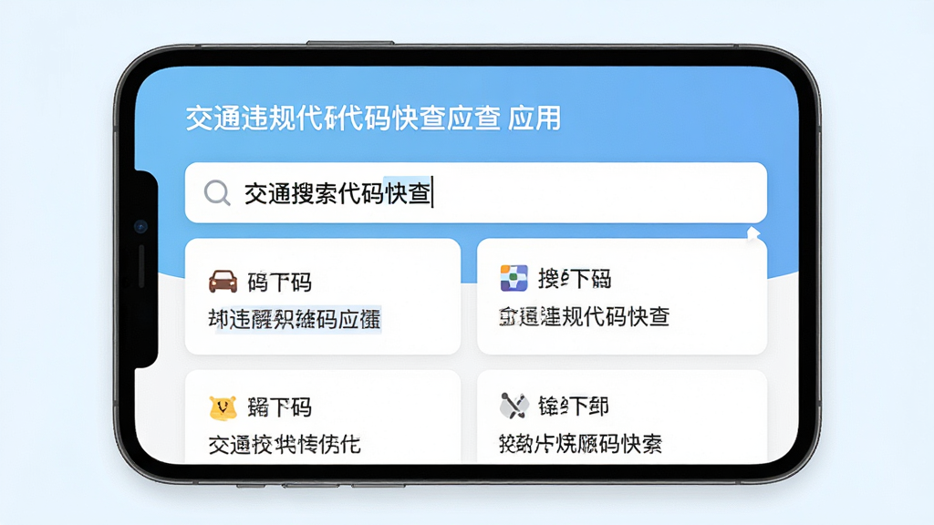 交通违规代码快查应用的智能搜索功能界面,展示用户在搜索框输入关键词后弹出的匹配结果列表,界面采用清新浅色风格,搜索结果以卡片形式呈现,每张卡片包含代码编号和简短说明,布局整洁,画质清晰,画面中可见交通违规代码快查应用名称。
