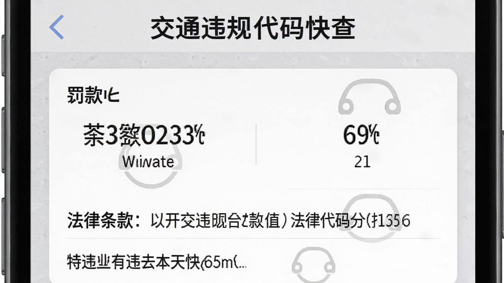 交通违规代码快查应用内违法代码详情页面,屏幕上展示罚款金额、扣分分值、法律条款等详细信息,采用浅灰色质感设计,信息层级分明,排版整齐,画质清晰干净,画面顶部显示交通违规代码快查。