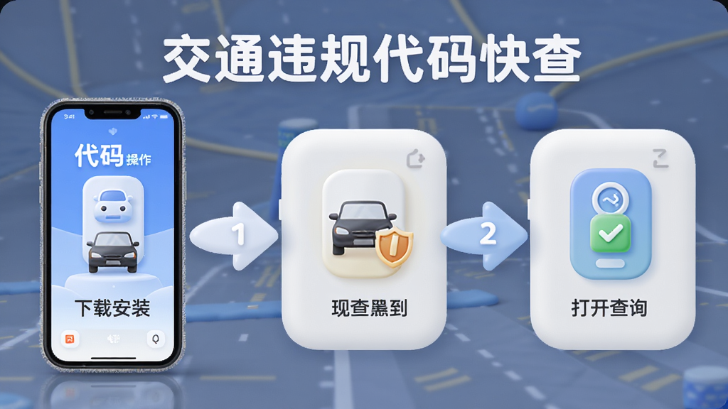 交通违规代码快查应用在手机上的操作流程图,展示从下载安装到打开查询的完整步骤,画面采用柔和圆角设计风格,步骤清晰标注,细节精致,画质干净,画面中带有交通违规代码快查文字。