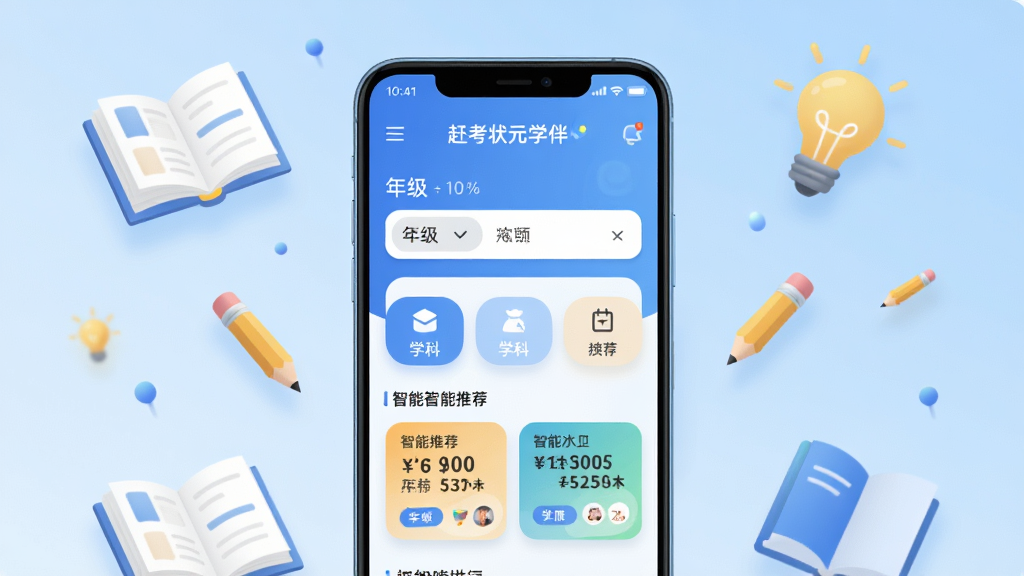 画面中央展示一部安卓手机,手机屏幕内呈现赶考状元学伴APP首页界面,包含年级选择、学科导航与智能推荐模块,背景为浅蓝色渐变,周围漂浮书本、铅笔、灯泡等学习元素,整体布局简洁清晰,风格为现代扁平化教育科技风,细节包含柔和阴影与圆角卡片,画质为高清1080p,干净明亮,无多余装饰元素