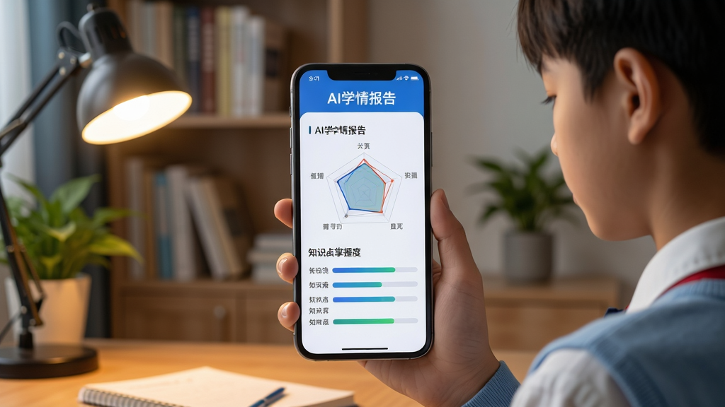 画面中央展示赶考状元学伴APP的AI学情报告页面,屏幕内显示雷达图与知识点掌握度进度条,一名中学生手持手机认真查看,背景为书房环境,布局为手机居中、人物半身入镜,风格为写实教育场景,细节包含暖色台灯光线、书架与绿植,画质高清,干净整洁,无多余元素