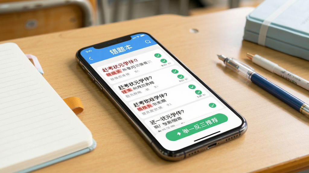 画面中央展示赶考状元学伴APP错题本界面,手机屏幕内显示错题列表与举一反三推荐按钮,背景为教室课桌场景,布局为手机平放桌面、旁边有笔记本与文具,风格为清新学习风,细节包含错题红色标注与绿色对勾图标,画质高清,干净明亮,无多余元素