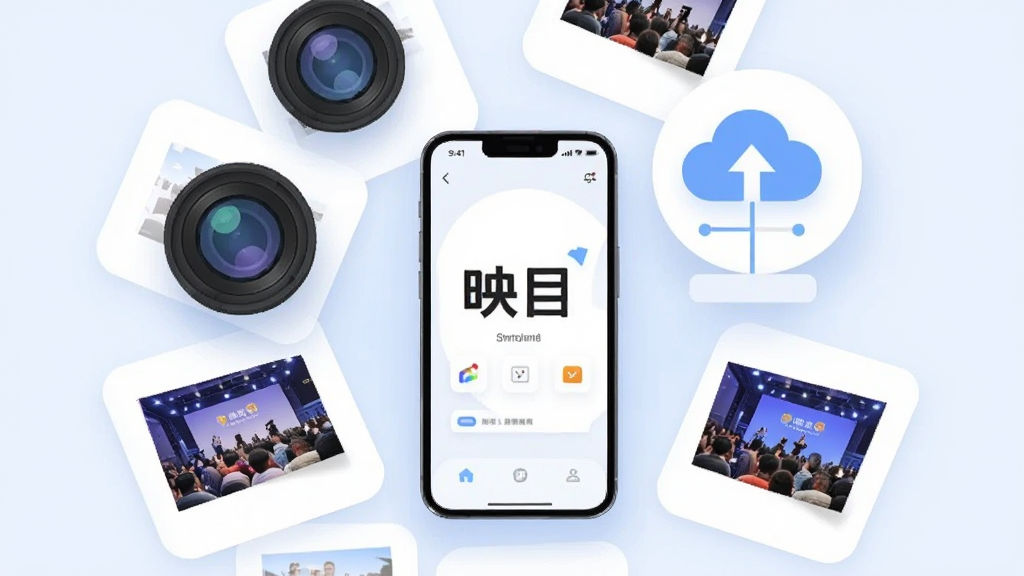 画面中央放置一部智能手机,屏幕显示“映目”应用界面,周围环绕相机镜头、云端图标、活动现场照片缩略图,布局为环形放射状,风格为现代科技感扁平插画,细节包含浅蓝色背景、白色卡片、柔和阴影,画质清晰,干净,无多余元素