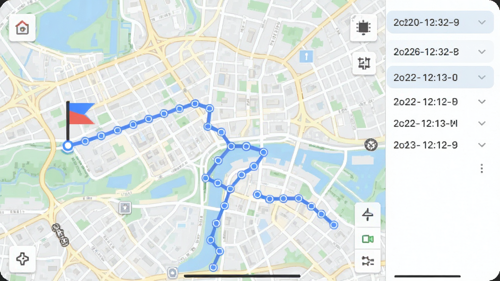 手机定位寻迹追踪历史轨迹回放界面,画面为一张放大的城市地图,地图上有一条由多个圆点连接的蓝色折线路径,路径起点与终点分别有旗帜标记,侧边有日期选择列表,整体风格清爽简洁,画质干净,无多余元素