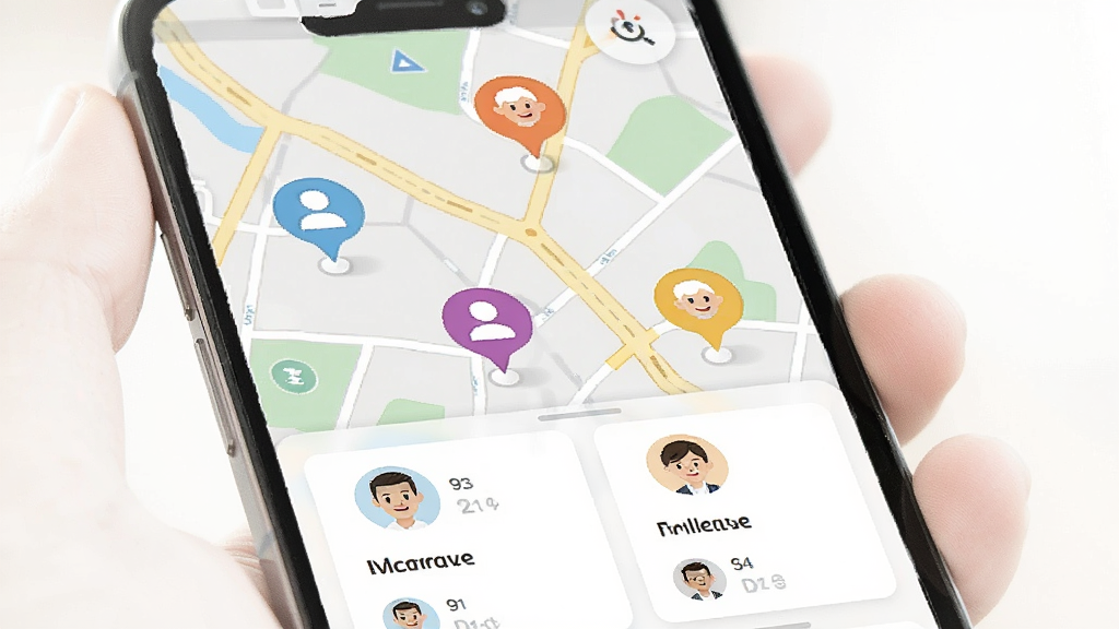 手机定位寻迹追踪多成员位置管理界面,画面中一部手机屏幕上显示一张地图,地图上有五个不同颜色的头像标记分布在不同位置,屏幕下方有成员列表卡片,整体风格明快友好,画质清晰,干净,无多余元素
