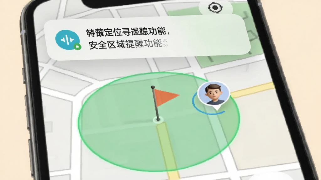手机定位寻迹追踪安全区域提醒功能,画面中一部手机屏幕显示地图上有一个绿色圆形范围区域,区域中心有一面小旗,区域边缘有一个头像标记正在靠近,屏幕顶部弹出提醒通知卡片,整体风格温和清晰,画质干净,无多余元素