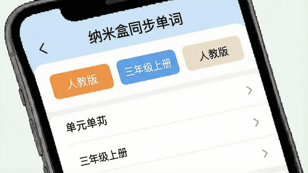 一张展示手机屏幕界面截图风格的插画,画面中显示纳米盒同步单词的教材选择页面,顶部有“纳米盒同步单词”文字标识,下方排列着多个教材版本按钮和单元列表,整体布局清晰,风格简洁现代,细节包括按钮上的文字“人教版”“三年级上册”等,画质干净清晰,无多余装饰
