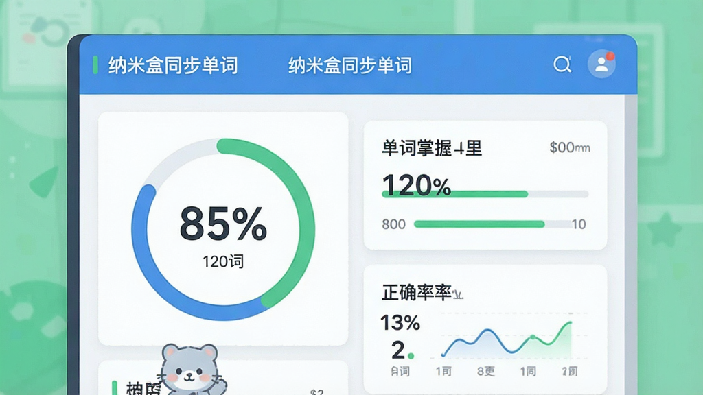 一张展示学习数据统计页面的插画,画面中显示“纳米盒同步单词”的学习报告界面,包含圆形进度条、单词掌握数量、正确率百分比等图表元素,配色以蓝色和绿色为主,风格干净简洁,细节包括数字“85%”“120词”等,画质清晰,无多余元素