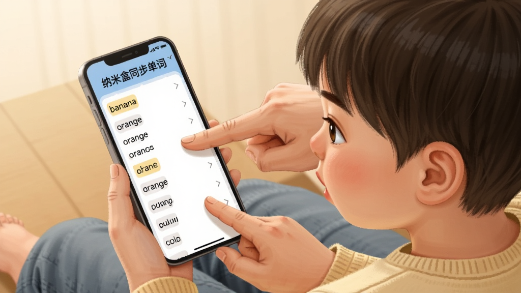 一张展示家长与孩子一起查看手机学习报告的插画,画面中手机屏幕上显示“纳米盒同步单词”的错词本列表,家长手指屏幕,孩子认真观看,整体风格温馨写实,色调柔和,细节包括屏幕上的单词“banana”“orange”等,画质清晰干净