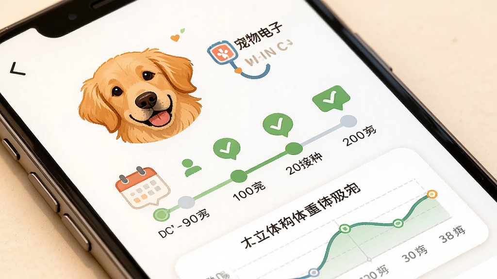手机屏幕中显示宠物电子健康档案页面,主体为一只金毛犬的头像与疫苗接种时间轴,布局为上下结构,排版清晰有序,风格为温暖治愈的插画风,细节包括日历图标、绿色对勾标记、体重曲线图,画质高清,干净无多余元素