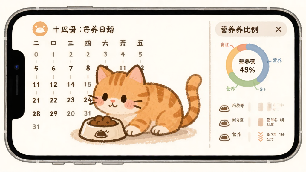 手机界面展示喂养计划日历,主体为一只橘猫正在进食的卡通形象,布局为左侧日历右侧数据面板,排版对称,风格为柔和手绘风,细节包括食盆图标、时间刻度、营养比例圆环,画质清晰,干净无多余元素