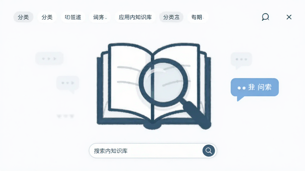 应用内知识库页面,主体为打开的书本与放大镜组合图形,布局为居中展示,排版疏朗,风格为清新学术风,细节包括分类标签、搜索框、问答气泡,画质干净,无多余元素