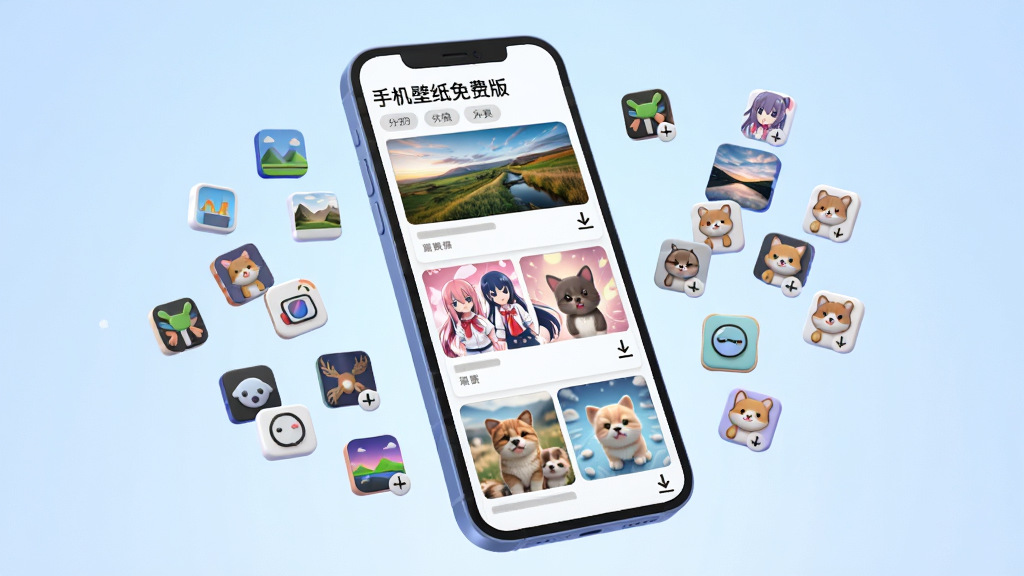 一个悬浮在空中的智能手机屏幕,屏幕内展示“手机壁纸免费版”的瀑布流壁纸列表,壁纸缩略图呈现风景、动漫、萌宠等多种分类,手机周围环绕着漂浮的小图标代表海量资源,背景为淡蓝色渐变,风格为3D渲染,细节包含分类标签与下载箭头,画质高清,干净无多余元素