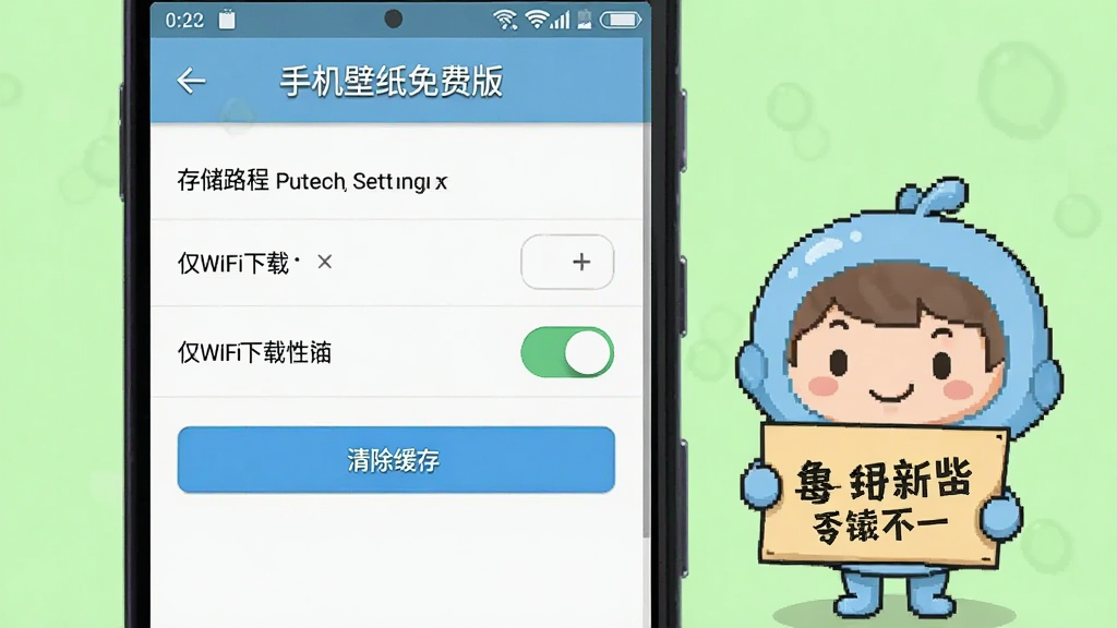 一部安卓手机屏幕显示“手机壁纸免费版”的设置界面,界面中包含存储路径选择、仅WiFi下载开关、清除缓存按钮等选项,手机旁边有一个卡通风格的小助手拿着提示牌,背景为浅绿色,布局为手机与助手并排,风格为扁平插画,细节包含清晰的按钮与文字标签,画质清晰,干净无多余元素