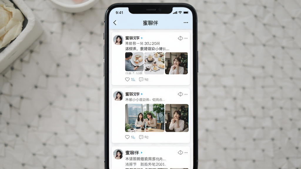 一张“蜜聊伴”动态社区页面的手机截图风格图片,画面中显示多条用户动态卡片,包含文字和图片缩略图,布局为垂直滚动列表,风格为清新浅色系,细节包含点赞、评论图标和匿名标识,画质高清,干净无多余元素