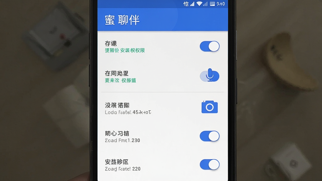 一张“蜜聊伴”APP安装权限设置界面的手机截图风格图片,画面中显示安卓系统的权限管理列表,包含存储、麦克风、相机等开关按钮,布局为垂直列表,风格为极简科技风,细节包含高亮提示文字,画质清晰,干净无多余元素