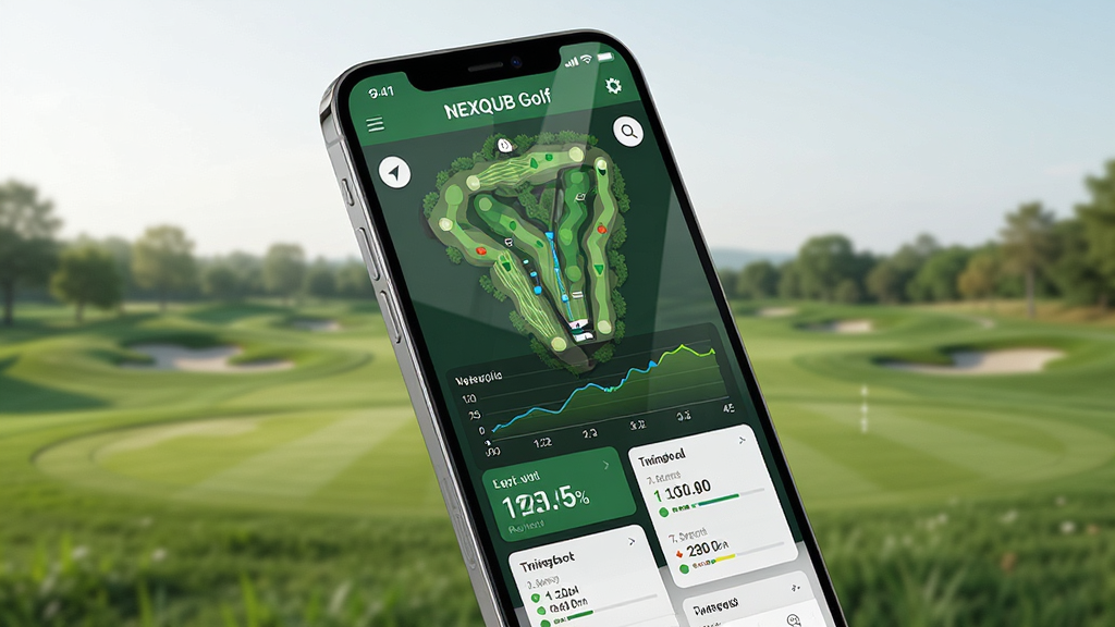 ����Ϊһ�������ֻ�����Ļ����ʾ NEXQUB Golf Ӧ�������棬��������߶����򳡵�ͼ���Ӹ��������ߺ�ѵ����¼��Ƭ�����ֲ��þ��й�ͼ���ֻ�΢΢��б������Ϊ�ɾ��ĸ߶�����Զ���黯���Ű�ͻ����Ļ���ݣ��������׳��㣻���Ϊ�ִ��Ƽ������˶��н�ϣ�ϸ�ڰ�����Ļ���⡢�򳡲ݵ�����������ͼ�������ɼ������������ֱ�ע 