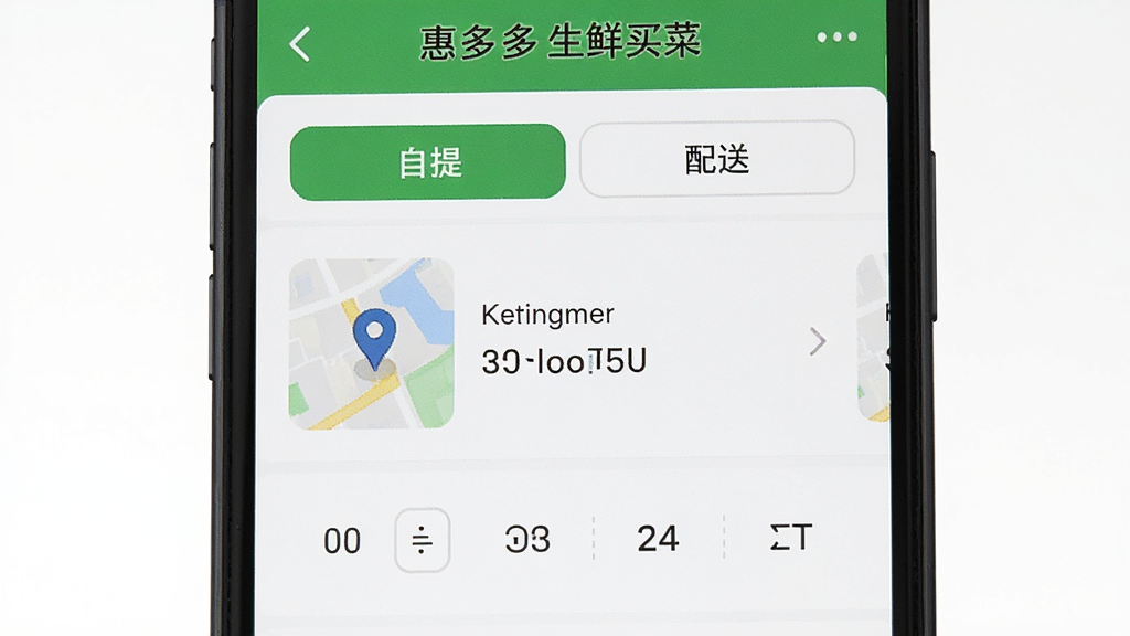 手机屏幕特写,显示惠多多生鲜买菜订单结算页面,页面中同时展示“自提”与“配送”两个选项卡,主体为手机界面,布局居中,风格为扁平化UI展示风,细节包含地图定位图标与时间选择控件,画质高清,干净,无多余元素。