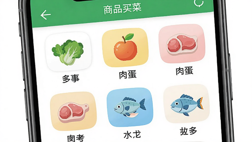 惠多多生鲜买菜应用的商品分类页面截图,主体为手机屏幕,布局为网格状分类图标排列,风格为简洁明快的移动端界面风,细节包含蔬菜、水果、肉蛋、水产等彩色图标与中文分类名称,画质高清,干净,无多余元素。