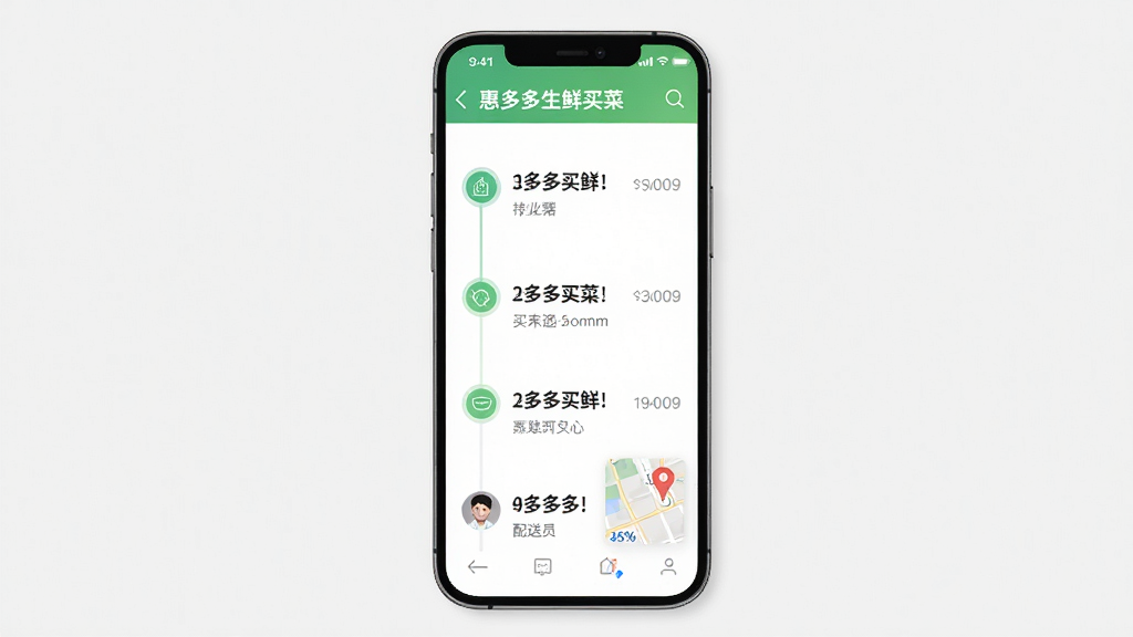 手机屏幕显示惠多多生鲜买菜订单跟踪页面,主体为手机界面,布局为纵向时间轴样式,风格为现代简约风,细节包含各状态节点图标与文字说明、配送员头像与地图小窗,画质高清,干净,无多余元素。