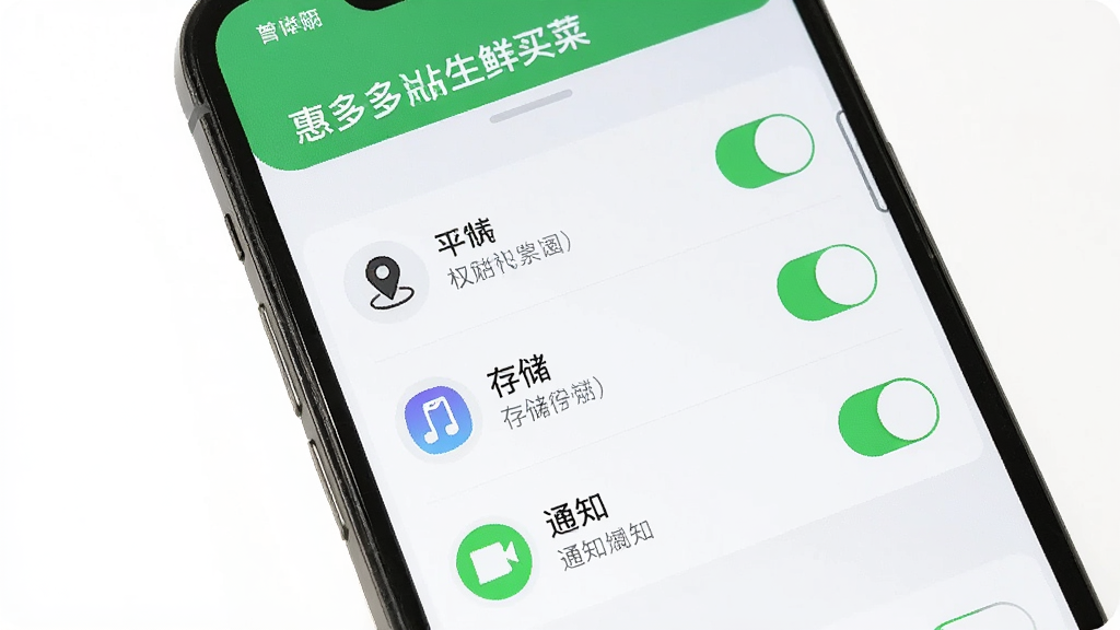 手机屏幕显示惠多多生鲜买菜的权限设置引导页面,主体为手机界面,布局为列表式权限开关,风格为清爽的移动端设置风,细节包含位置、存储、通知三个权限图标与中文说明文字,画质高清,干净,无多余元素。