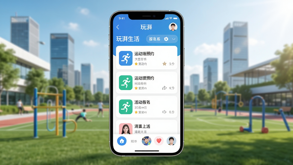玩湃生活APP主界面展示,手机屏幕中显示运动场馆预约列表与活动报名入口,背景为现代城市体育公园全景,画面明亮清新,主体突出,布局居中,风格简洁科技感,细节包含运动图标与用户头像,高清画质,干净无多余元素