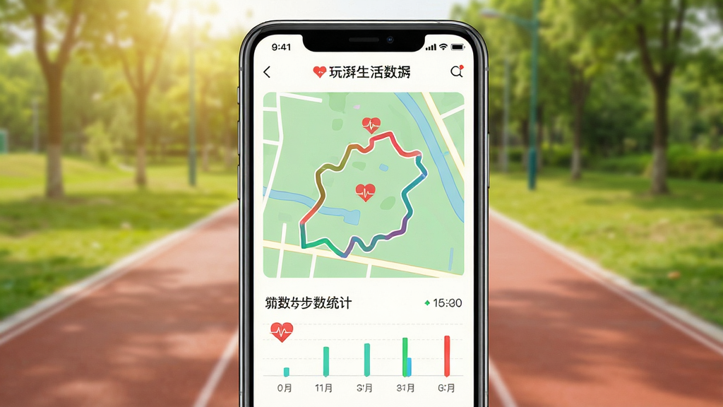 玩湃生活运动数据记录页面,手机屏幕展示跑步轨迹地图与步数统计图表,背景为户外公园跑道,画面居中排版,风格清新活力,细节包含心率图标与时间轴,高清画质,干净无多余元素