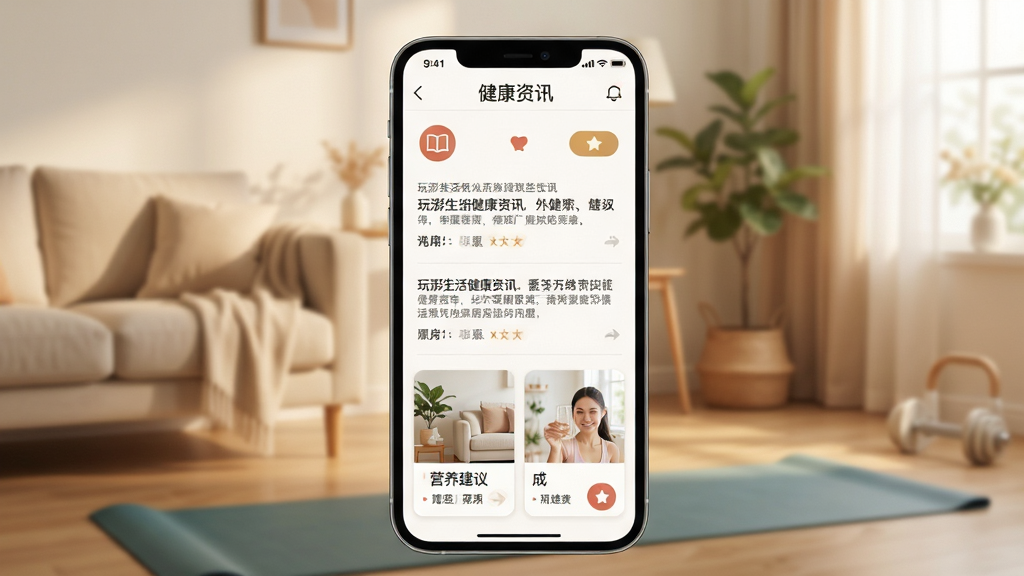 玩湃生活健康资讯页面,手机屏幕显示健身知识文章列表与营养建议卡片,背景为温馨居家运动场景,画面居中布局,风格柔和舒适,细节包含书本图标与收藏按钮,高清画质,干净无多余元素
