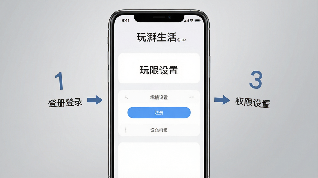 玩湃生活新手操作指引图,手机屏幕显示注册登录流程与权限设置界面,背景为简洁灰色渐变,画面居中排版,风格清晰直观,细节包含步骤编号与箭头指示,高清画质,干净无多余元素