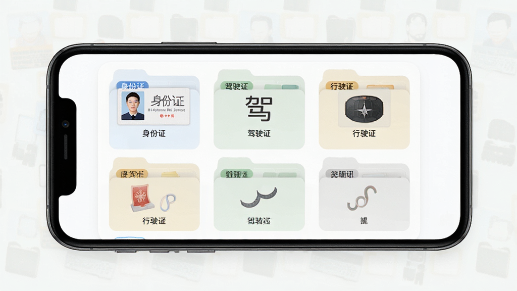 电子证件云管理多类型证件分类归档功能界面,手机屏幕显示多个证件分类文件夹,包括身份证、驾驶证、行驶证等标签,界面采用卡片式布局,浅色背景,风格清爽,画质清晰,无多余元素