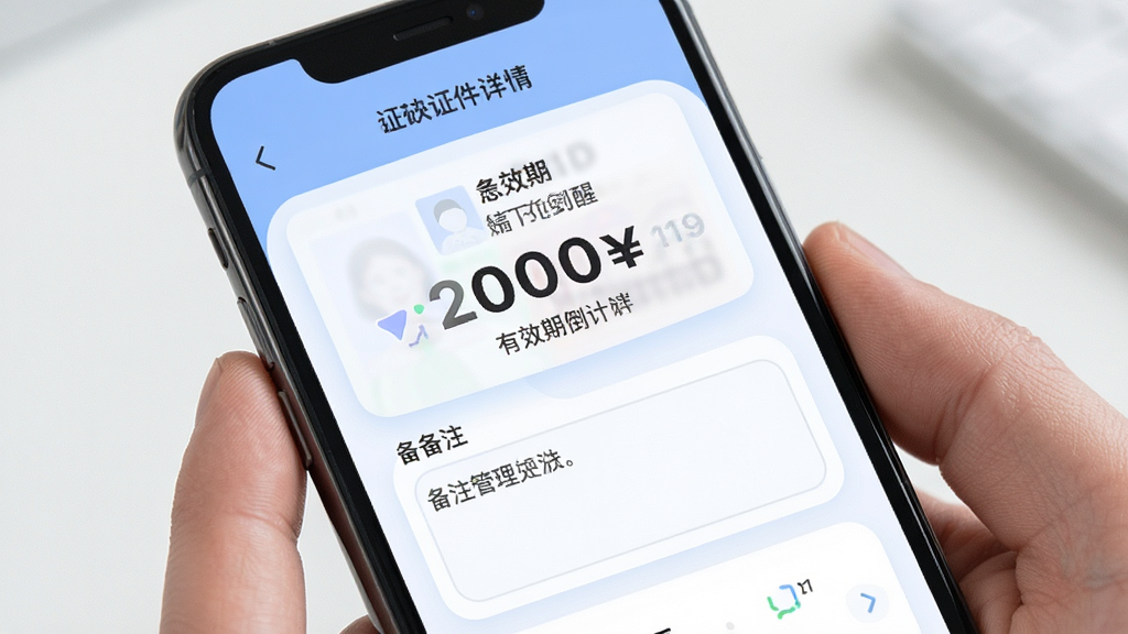 电子证件云管理证件到期提醒与备注管理功能界面,手机屏幕显示证件详情页,包含有效期倒计时和备注文本框,界面采用柔和圆角设计,浅色背景,画质干净,无多余元素