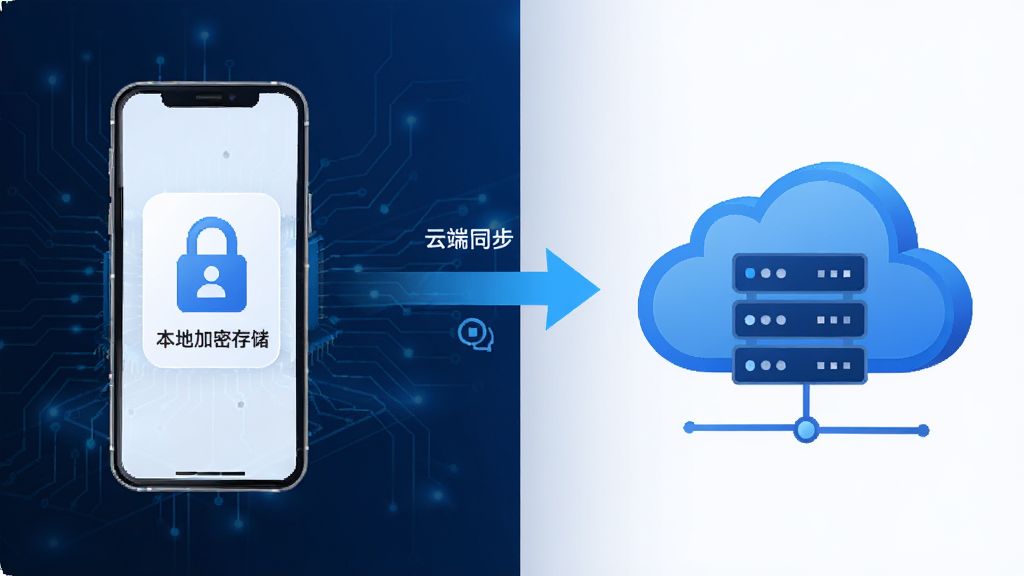 电子证件云管理本地加密与云端同步功能示意图,画面左侧为手机本地加密存储图标,右侧为云端服务器图标,中间用箭头连接表示数据传输,背景为深蓝色科技风格,细节清晰,画质干净,无多余元素