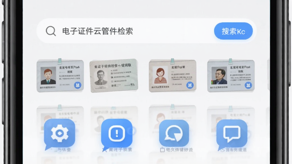 电子证件云管理快速检索与一键调取功能展示,手机屏幕显示搜索框和证件缩略图列表,下方有快捷入口图标,界面风格简约,浅灰色背景,画质清晰,无多余元素