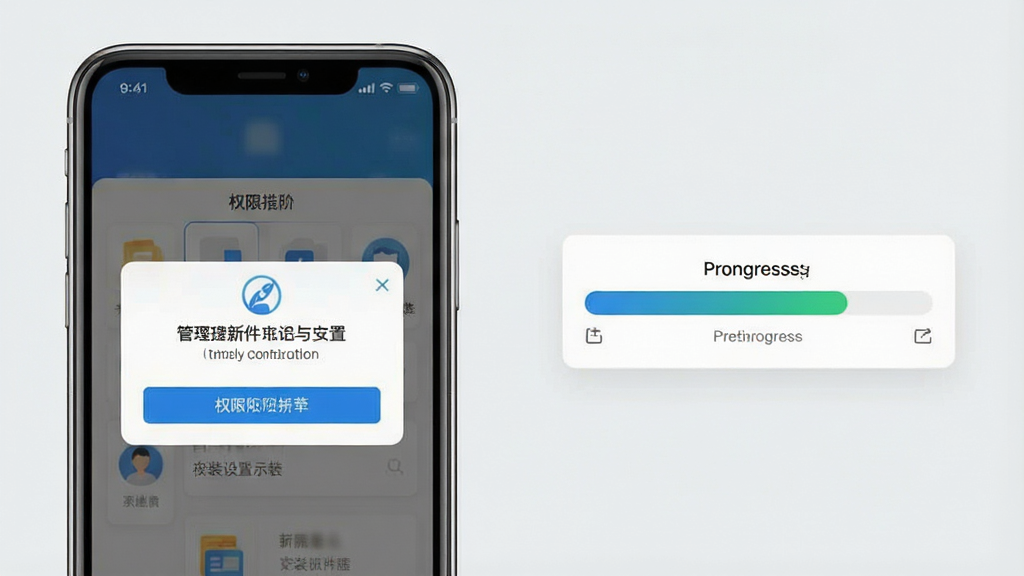 电子证件云管理新手安装与权限设置示意图,手机屏幕显示权限授权弹窗和安装进度条,背景为浅灰色,风格简洁,细节清晰,画质干净,无多余元素