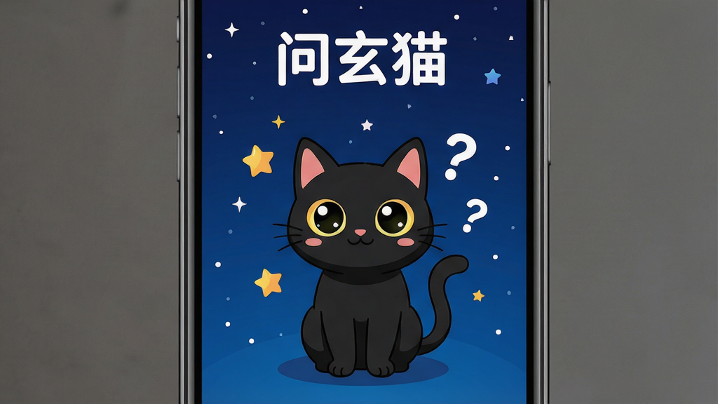 一张手机屏幕展示问玄猫应用主界面,主体是一只可爱的卡通黑猫坐在屏幕中央,背景为深蓝色星空,布局采用居中对称式,排版上屏幕顶部显示“问玄猫”三个字,风格为扁平化卡通插画风,细节上黑猫眼睛明亮有神、周围有星星和问号漂浮,画质清晰干净无多余元素