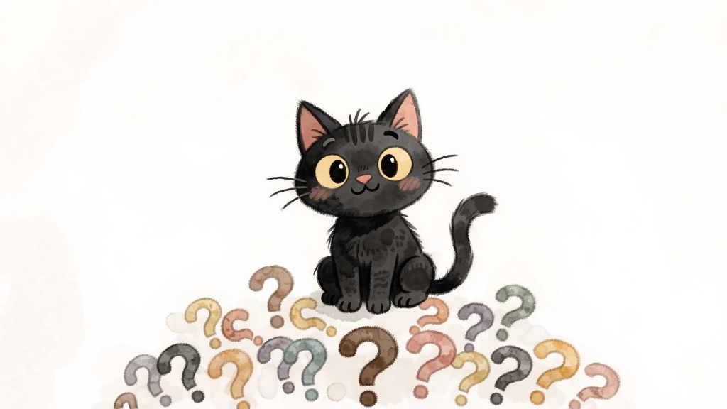 一只卡通黑猫坐在问号堆成的小山上,主体居中,布局为左右对称,排版上方留白,风格为手绘水彩风,细节上黑猫表情俏皮、问号颜色各异,画质柔和干净无多余元素