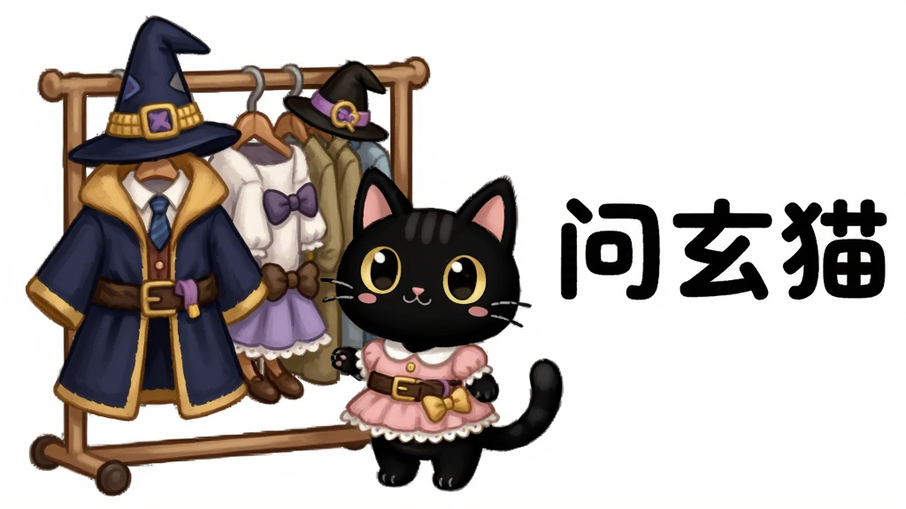 一只卡通黑猫穿着不同服装站在衣架旁,主体在画面左侧,布局为左中右三分式,排版右侧显示“问玄猫”文字,风格为日系可爱风,细节上服装有巫师袍、小裙子、帽子等,画质明亮干净无多余元素
