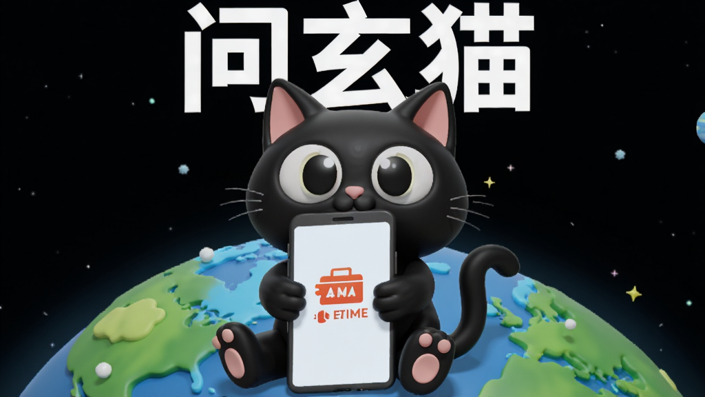一只卡通黑猫抱着一部手机坐在地球上,主体居中,布局为上下结构,排版上方显示“问玄猫”文字,风格为3D卡通渲染风,细节上手机屏幕显示离线图标、地球有绿色纹理,画质高清干净无多余元素