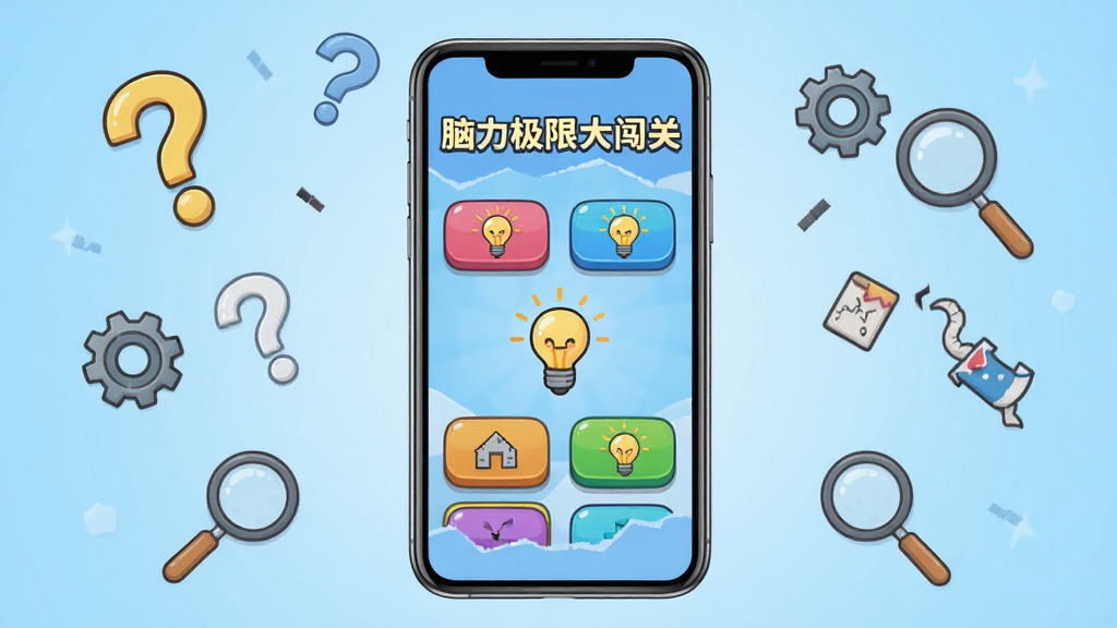 画面中央是一部竖屏手机,手机屏幕上显示脑力极限大闯关的游戏主界面,界面中有多个彩色关卡按钮和卡通风格的灯泡图标,手机周围散落着问号、齿轮、放大镜等解谜元素,背景为浅蓝色渐变,整体风格清新简洁,布局居中对称,画质清晰干净,无多余元素,画面中文字为“脑力极限大闯关”