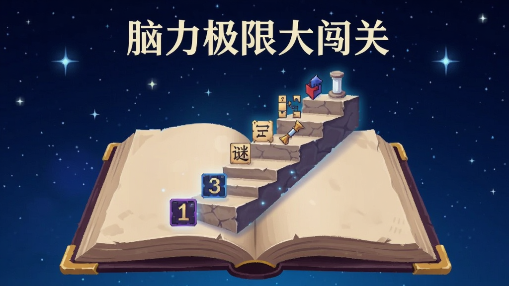 画面主体为一本展开的魔法书,书页上浮现出从易到难的阶梯状关卡路径,阶梯上有各种小图标代表不同谜题类型,如数字、图形、文字等,背景为深蓝色星空,风格奇幻且简洁,布局纵向延伸,画质清晰,无多余元素,书页上方有“脑力极限大闯关”字样