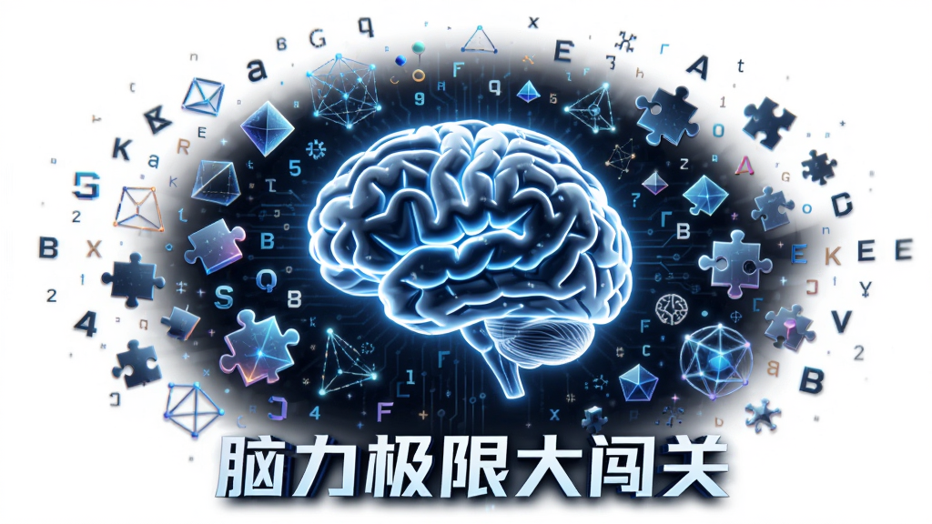 画面中央为一个发光的透明大脑,大脑周围环绕着数字、几何图形、字母、拼图块等不同元素,象征多元化的脑力挑战,背景为纯白色,风格科技感与简约结合,布局环绕式,画质高清,无多余元素,大脑下方有“脑力极限大闯关”文字